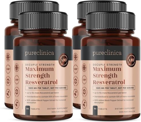 pureclinica أقصى قوة ريسفيراترول 1000 ملغ × 360 قرصًا - (4 زجاجات تكفي لمدة 90-12 شهرًا). 10 × قوة مع مستخلص الفلفل الأسود in Kuwait
