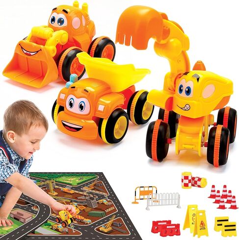 Toys for a 2 Year Old Boy - 4 Friction Powered Trucks for 3+ Year Old Boys, Push & Go Cars Cartoon Construction Vehicle Set - Best Toddler Boys Toys & Toy Trucks, Play Pull Back Car, Idea in Kuwait