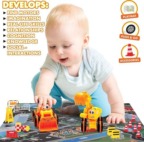 Toys for a 2 Year Old Boy - 4 Friction Powered Trucks for 3+ Year Old Boys, Push & Go Cars Cartoon Construction Vehicle Set - Best Toddler Boys Toys & Toy Trucks, Play Pull Back Car, Idea in Kuwait