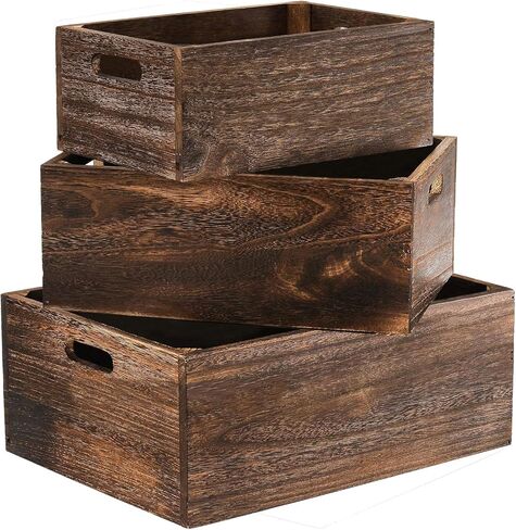 Set of 3 Wood Crate Box with Handle Wood Nesting Storage Crates Rustic Decorative Boxes Handmade Natural Solid Wood Box for Closet Shelf Kitchen Home in Saudi Arabia