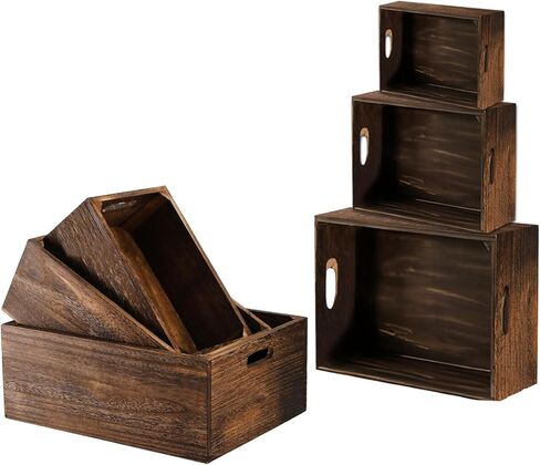 Set of 3 Wood Crate Box with Handle Wood Nesting Storage Crates Rustic Decorative Boxes Handmade Natural Solid Wood Box for Closet Shelf Kitchen Home in Saudi Arabia