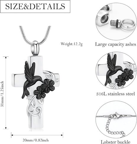 Hummingbird Cross Urn Necklaces for Ashes Cremation Jewelry Stainless Steel Memorial Necklaces Keepsakes Jewelry Ash Holder for Human Pet Ashes with Filling Tool in Kuwait