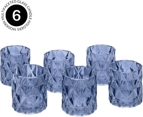 Koyal Wholesale 3" Tall Navy Blue Modern Multifaceted Glass Candle Holders, Set of 6 Votives, Bulk Tealight Holders in Saudi Arabia