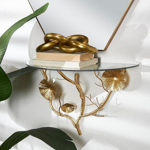 Deco 79 Metal Floral Branch Wall Shelf with Glass Top, 24" x 12" x 16", Gold in Saudi Arabia