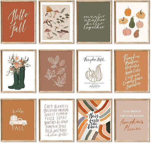 JarThenaAMCS 12Pcs Fall Wall Art Prints Boho Pumpkin Maple Leaves Art Poster Harvest Seasonal Wall Decor for Autumn Thanksgiving Home Gallery Living Room Bedroom (UNFRAMED 8 x 10in) in Saudi Arabia