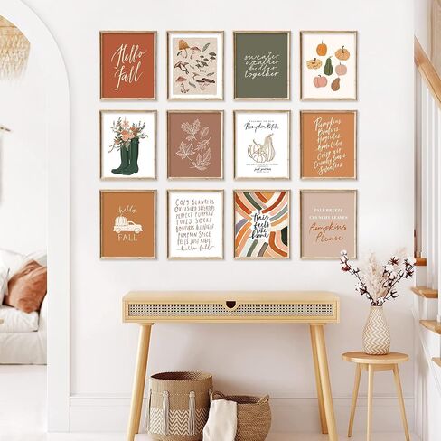 JarThenaAMCS 12Pcs Fall Wall Art Prints Boho Pumpkin Maple Leaves Art Poster Harvest Seasonal Wall Decor for Autumn Thanksgiving Home Gallery Living Room Bedroom (UNFRAMED 8 x 10in) in Saudi Arabia