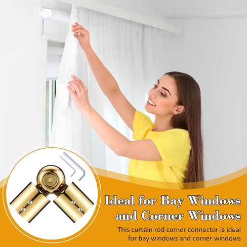 2 Pcs Window Corner Curtain Rod Connector, Heavy Duty Adjustable Curtains Rods Connector for 1 Inch Bay Window Curtain Rods Bay Windows Blinds(Gold) in Saudi Arabia