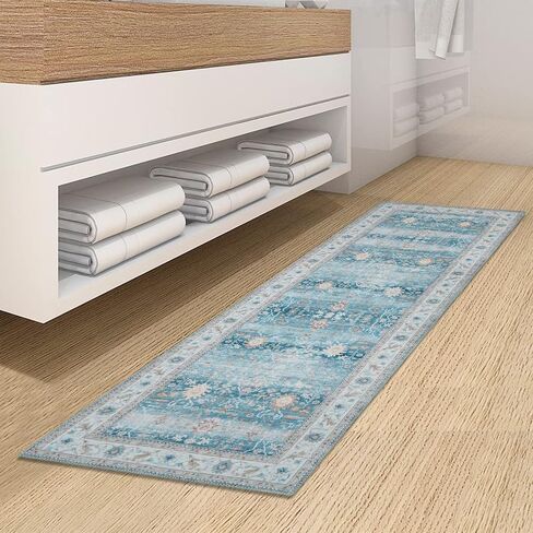 Zacoo Hallway Runner Rug 2x6 Area Rug Washable Non Slip Kitchen Runner Distressed Floral Print Front Door Entrance Mat Indoor Vintage Long Runner for Kitchen Living Room Bedroom, Teal Blue in Kuwait