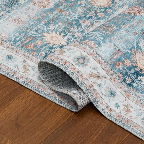 Zacoo Hallway Runner Rug 2x6 Area Rug Washable Non Slip Kitchen Runner Distressed Floral Print Front Door Entrance Mat Indoor Vintage Long Runner for Kitchen Living Room Bedroom, Teal Blue in Kuwait