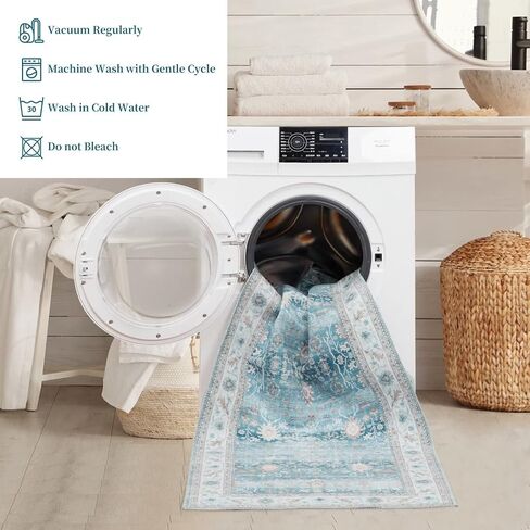 Zacoo Hallway Runner Rug 2x6 Area Rug Washable Non Slip Kitchen Runner Distressed Floral Print Front Door Entrance Mat Indoor Vintage Long Runner for Kitchen Living Room Bedroom, Teal Blue in Kuwait
