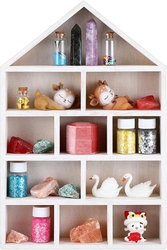 House Shaped Wooden Shadow Cubby Box 10 W x 2 1/4 D x 15 H Hanging Display Shelf Organizer Wall Mounted Curio Cabinet Wooden Display Case Miniature Display Shelf for Figures (Wood Color) in Kuwait