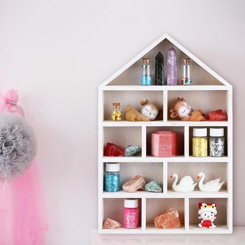 House Shaped Wooden Shadow Cubby Box 10 W x 2 1/4 D x 15 H Hanging Display Shelf Organizer Wall Mounted Curio Cabinet Wooden Display Case Miniature Display Shelf for Figures (Wood Color) in Kuwait