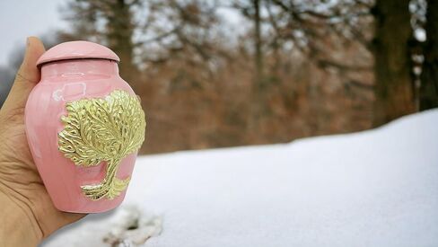 جرار حرق جثث وردي للرماد للبالغين من الذكور والإناث - جرار زخرفية جميلة وفريدة من نوعها ثلاثية الأبعاد مع حقيبة مخملية - جرة حرق جثث صغيرة من الألومنيوم مقاس 5 بوصات لجنازة الحيوانات الأليفة (شجرة الحياة الوردية) in Kuwait