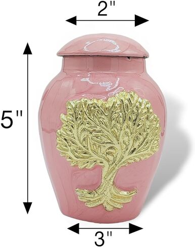 جرار حرق جثث وردي للرماد للبالغين من الذكور والإناث - جرار زخرفية جميلة وفريدة من نوعها ثلاثية الأبعاد مع حقيبة مخملية - جرة حرق جثث صغيرة من الألومنيوم مقاس 5 بوصات لجنازة الحيوانات الأليفة (شجرة الحياة الوردية) in Kuwait
