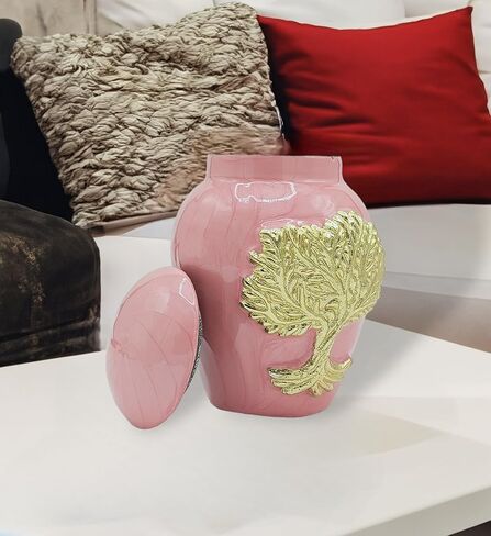 جرار حرق جثث وردي للرماد للبالغين من الذكور والإناث - جرار زخرفية جميلة وفريدة من نوعها ثلاثية الأبعاد مع حقيبة مخملية - جرة حرق جثث صغيرة من الألومنيوم مقاس 5 بوصات لجنازة الحيوانات الأليفة (شجرة الحياة الوردية) in Kuwait