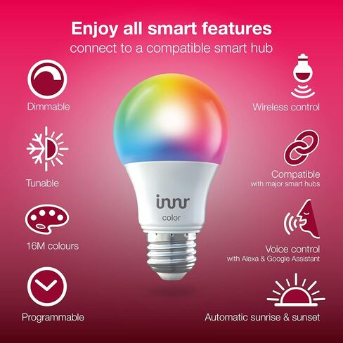 innr E26 Smart LED Bulb White & Color, Zigbee Light Bulb, Works with Philips Hue*, Amazon Echo (4th Gen), and SmartThings, 806 Lumen, A19 Dimmable, 2-Pack in Saudi Arabia