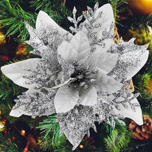 SPORTYOUTH 30 Pcs Glitter Poinsettia Artificial Christmas Flowers, 5.5" Fake Silver Christmas Tree Flower with Clips and Stems for Xmas Decoration New Year Wedding Party DIY Garland Wreath Ornaments in Saudi Arabia