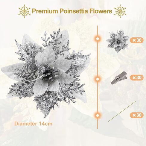 SPORTYOUTH 30 Pcs Glitter Poinsettia Artificial Christmas Flowers, 5.5" Fake Silver Christmas Tree Flower with Clips and Stems for Xmas Decoration New Year Wedding Party DIY Garland Wreath Ornaments in Saudi Arabia