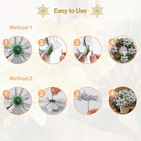 SPORTYOUTH 30 Pcs Glitter Poinsettia Artificial Christmas Flowers, 5.5" Fake Silver Christmas Tree Flower with Clips and Stems for Xmas Decoration New Year Wedding Party DIY Garland Wreath Ornaments in Saudi Arabia