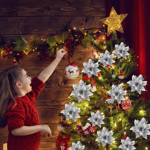 SPORTYOUTH 30 Pcs Glitter Poinsettia Artificial Christmas Flowers, 5.5" Fake Silver Christmas Tree Flower with Clips and Stems for Xmas Decoration New Year Wedding Party DIY Garland Wreath Ornaments in Saudi Arabia