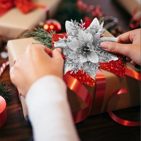 SPORTYOUTH 30 Pcs Glitter Poinsettia Artificial Christmas Flowers, 5.5" Fake Silver Christmas Tree Flower with Clips and Stems for Xmas Decoration New Year Wedding Party DIY Garland Wreath Ornaments in Saudi Arabia