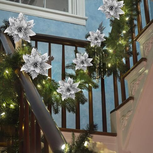 SPORTYOUTH 30 Pcs Glitter Poinsettia Artificial Christmas Flowers, 5.5" Fake Silver Christmas Tree Flower with Clips and Stems for Xmas Decoration New Year Wedding Party DIY Garland Wreath Ornaments in Saudi Arabia