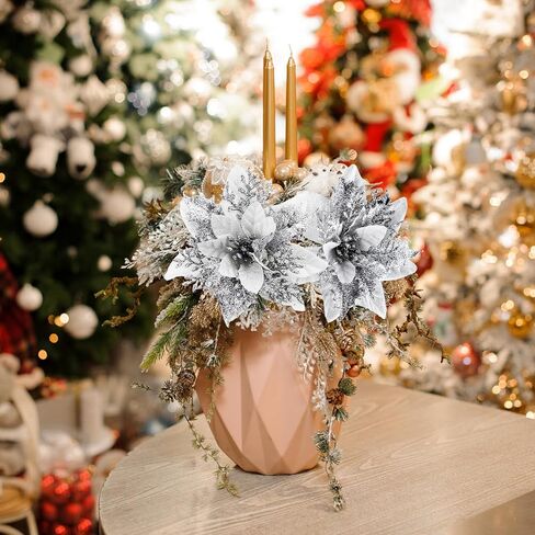 SPORTYOUTH 30 Pcs Glitter Poinsettia Artificial Christmas Flowers, 5.5" Fake Silver Christmas Tree Flower with Clips and Stems for Xmas Decoration New Year Wedding Party DIY Garland Wreath Ornaments in Saudi Arabia