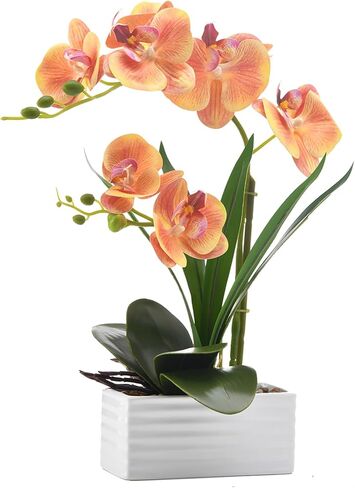 Artificial Real Touch Orchid Flowers in Pot Fake Phalaenopsis Flower with White Ceramic Vase Faux Orchids Arrangement for Home Table Office Wedding Party Decoration (Orange) in Saudi Arabia