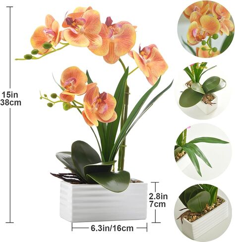 Artificial Real Touch Orchid Flowers in Pot Fake Phalaenopsis Flower with White Ceramic Vase Faux Orchids Arrangement for Home Table Office Wedding Party Decoration (Orange) in Saudi Arabia