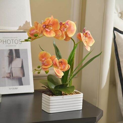 Artificial Real Touch Orchid Flowers in Pot Fake Phalaenopsis Flower with White Ceramic Vase Faux Orchids Arrangement for Home Table Office Wedding Party Decoration (Orange) in Saudi Arabia