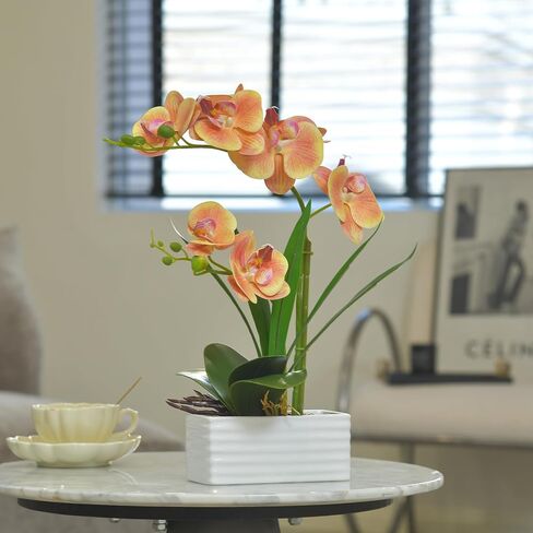 Artificial Real Touch Orchid Flowers in Pot Fake Phalaenopsis Flower with White Ceramic Vase Faux Orchids Arrangement for Home Table Office Wedding Party Decoration (Orange) in Saudi Arabia