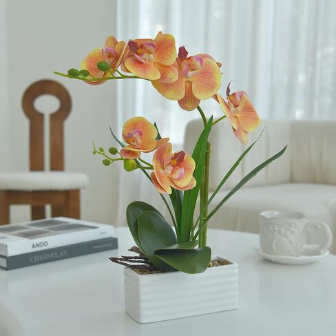 Artificial Real Touch Orchid Flowers in Pot Fake Phalaenopsis Flower with White Ceramic Vase Faux Orchids Arrangement for Home Table Office Wedding Party Decoration (Orange) in Saudi Arabia