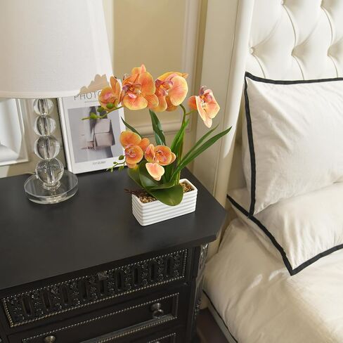 Artificial Real Touch Orchid Flowers in Pot Fake Phalaenopsis Flower with White Ceramic Vase Faux Orchids Arrangement for Home Table Office Wedding Party Decoration (Orange) in Saudi Arabia