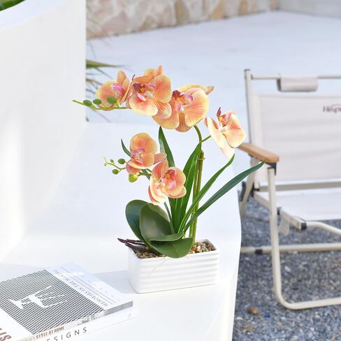 Artificial Real Touch Orchid Flowers in Pot Fake Phalaenopsis Flower with White Ceramic Vase Faux Orchids Arrangement for Home Table Office Wedding Party Decoration (Orange) in Saudi Arabia