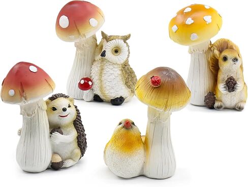 4PCS Home Decor Mushroom Statue Set, Small Resin Mushroom Figurines Sculpture Indoor Outdoor Home Decorative Ornaments for Shelves, Living Room, Office Desktop (Owl, Squirrel, Bird, Hedgehog) in Saudi Arabia