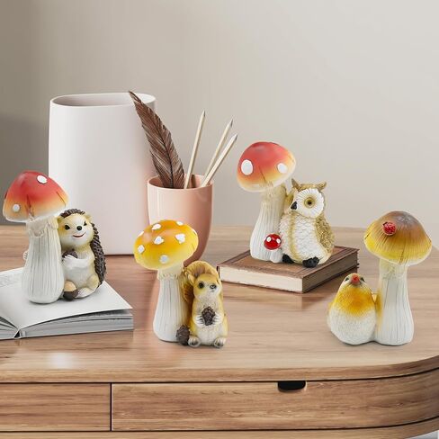4PCS Home Decor Mushroom Statue Set, Small Resin Mushroom Figurines Sculpture Indoor Outdoor Home Decorative Ornaments for Shelves, Living Room, Office Desktop (Owl, Squirrel, Bird, Hedgehog) in Saudi Arabia