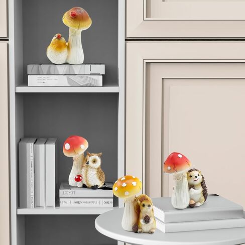 4PCS Home Decor Mushroom Statue Set, Small Resin Mushroom Figurines Sculpture Indoor Outdoor Home Decorative Ornaments for Shelves, Living Room, Office Desktop (Owl, Squirrel, Bird, Hedgehog) in Saudi Arabia