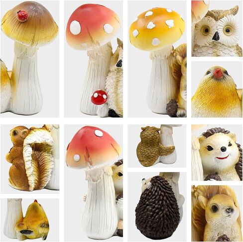 4PCS Home Decor Mushroom Statue Set, Small Resin Mushroom Figurines Sculpture Indoor Outdoor Home Decorative Ornaments for Shelves, Living Room, Office Desktop (Owl, Squirrel, Bird, Hedgehog) in Saudi Arabia