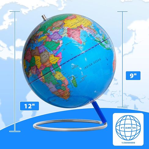 13" World Globe with Stand, 720° Swivels in All Directions, Stainless Steel Stand, Geographic/Decorative Desktop Decoration World Globe Map with Clear Text for Home, School, Office in Kuwait
