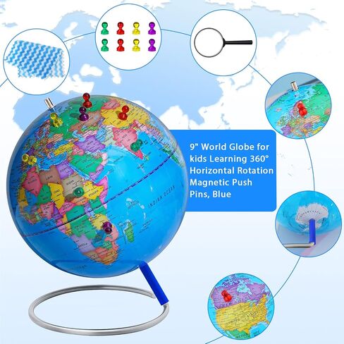 13" World Globe with Stand, 720° Swivels in All Directions, Stainless Steel Stand, Geographic/Decorative Desktop Decoration World Globe Map with Clear Text for Home, School, Office in Kuwait