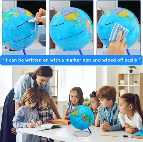 13" World Globe with Stand, 720° Swivels in All Directions, Stainless Steel Stand, Geographic/Decorative Desktop Decoration World Globe Map with Clear Text for Home, School, Office in Kuwait