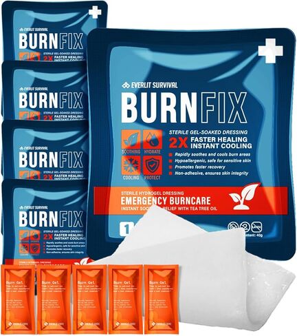 Everlit Survival Burn Dressing 4" x 4" | Sterile Gel-Soaked Non-Adherent Pad for Instant Cooling, Calming & Soothing | Fast-Healing First Aid Supply Compact Kit (Pack of 5) in Kuwait
