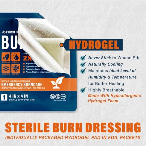 Everlit Survival Burn Dressing 4" x 4" | Sterile Gel-Soaked Non-Adherent Pad for Instant Cooling, Calming & Soothing | Fast-Healing First Aid Supply Compact Kit (Pack of 5) in Kuwait