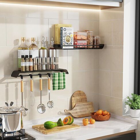 أرفف حائط معدنية سوداء مع قضيب منشفة، مجموعة من 2 رف عائم للحمام فوق تخزين المرحاض مثبت على الحائط، أرفف معلقة على الحائط لسلة دش مقاس 16 بوصة لغرفة النوم وغرفة المعيشة والحمام والمطبخ in Kuwait