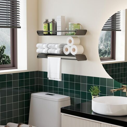 أرفف حائط معدنية سوداء مع قضيب منشفة، مجموعة من 2 رف عائم للحمام فوق تخزين المرحاض مثبت على الحائط، أرفف معلقة على الحائط لسلة دش مقاس 16 بوصة لغرفة النوم وغرفة المعيشة والحمام والمطبخ in Kuwait