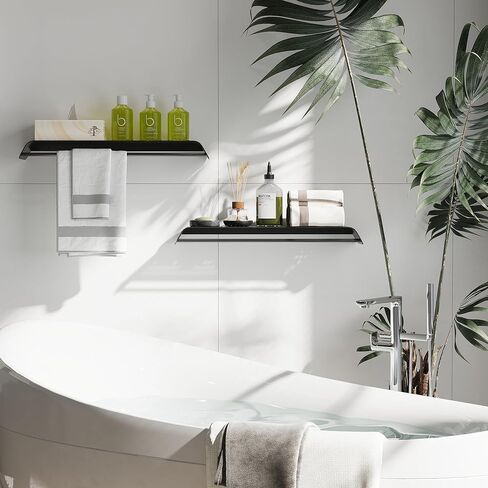 أرفف حائط معدنية سوداء مع قضيب منشفة، مجموعة من 2 رف عائم للحمام فوق تخزين المرحاض مثبت على الحائط، أرفف معلقة على الحائط لسلة دش مقاس 16 بوصة لغرفة النوم وغرفة المعيشة والحمام والمطبخ in Kuwait