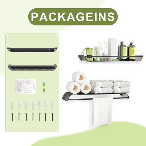 أرفف حائط معدنية سوداء مع قضيب منشفة، مجموعة من 2 رف عائم للحمام فوق تخزين المرحاض مثبت على الحائط، أرفف معلقة على الحائط لسلة دش مقاس 16 بوصة لغرفة النوم وغرفة المعيشة والحمام والمطبخ in Kuwait