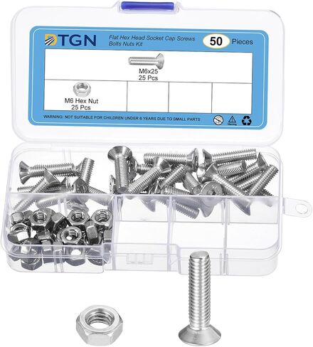50Pcs M6-1.0 x 25mm Flat Head Hex Socket Cap Screws Bolts Nuts Kit, 304 Stainless Steel Round Flat Metric Machine Screws, Full Thread in Saudi Arabia