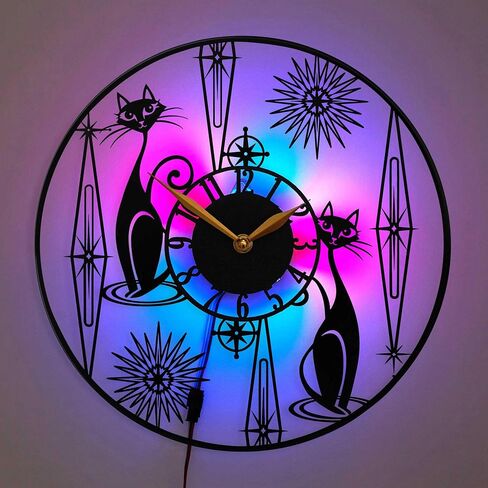 Cats Wall Clock with Multicolor led Light, Gift for cat Lover, Black in Saudi Arabia