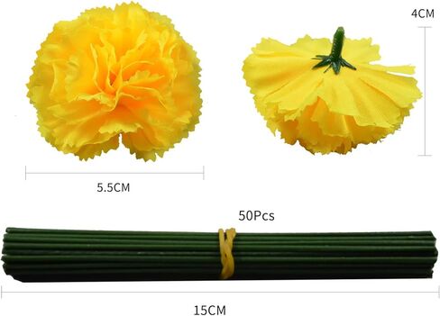 Carnation Flower,Carnation Flowers Artificial, 50PCS Silk Carnations Fake Flower Heads with Stem for Home Wedding Decorations DIY Wreath Garland Crafts Wedding Party (Yellow) in Kuwait